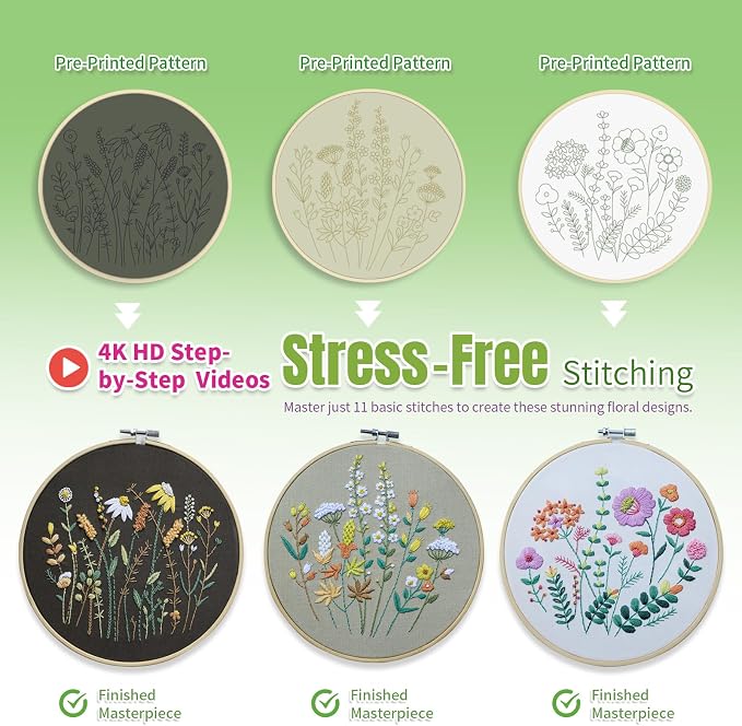 ETSPIL Beginner Embroidery Kit for Adults, 4K HD Video Tutorials, Pre-Printed Botanical Floral Designs, Essential Stitches & Bound Guide, Relaxing Screen-Free Activity for Women at Home