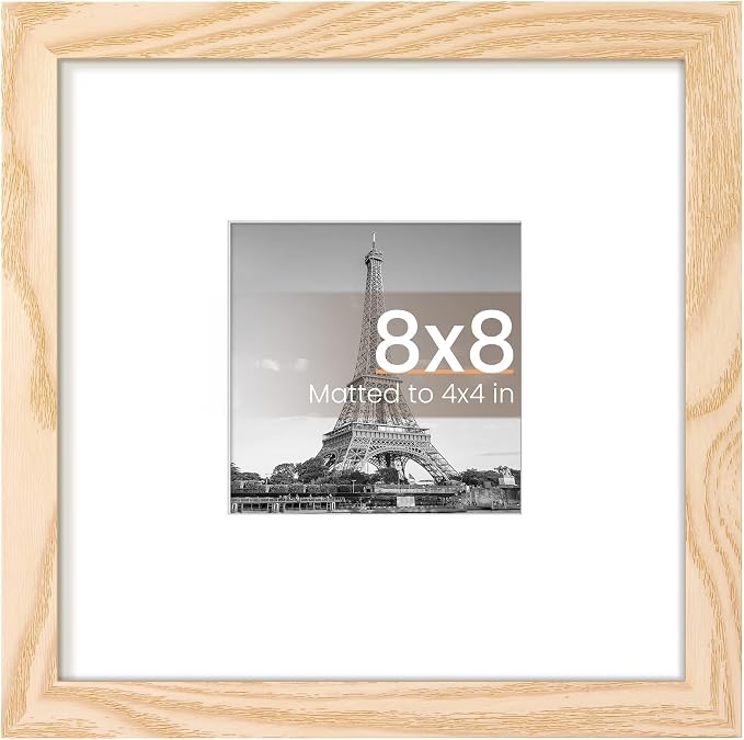 upsimples 8x8 Picture Frame, Display Pictures 4x4 with Mat or 8 x 8 Without, Wall Hanging Photo Frames, Natural Style, 1 Pack