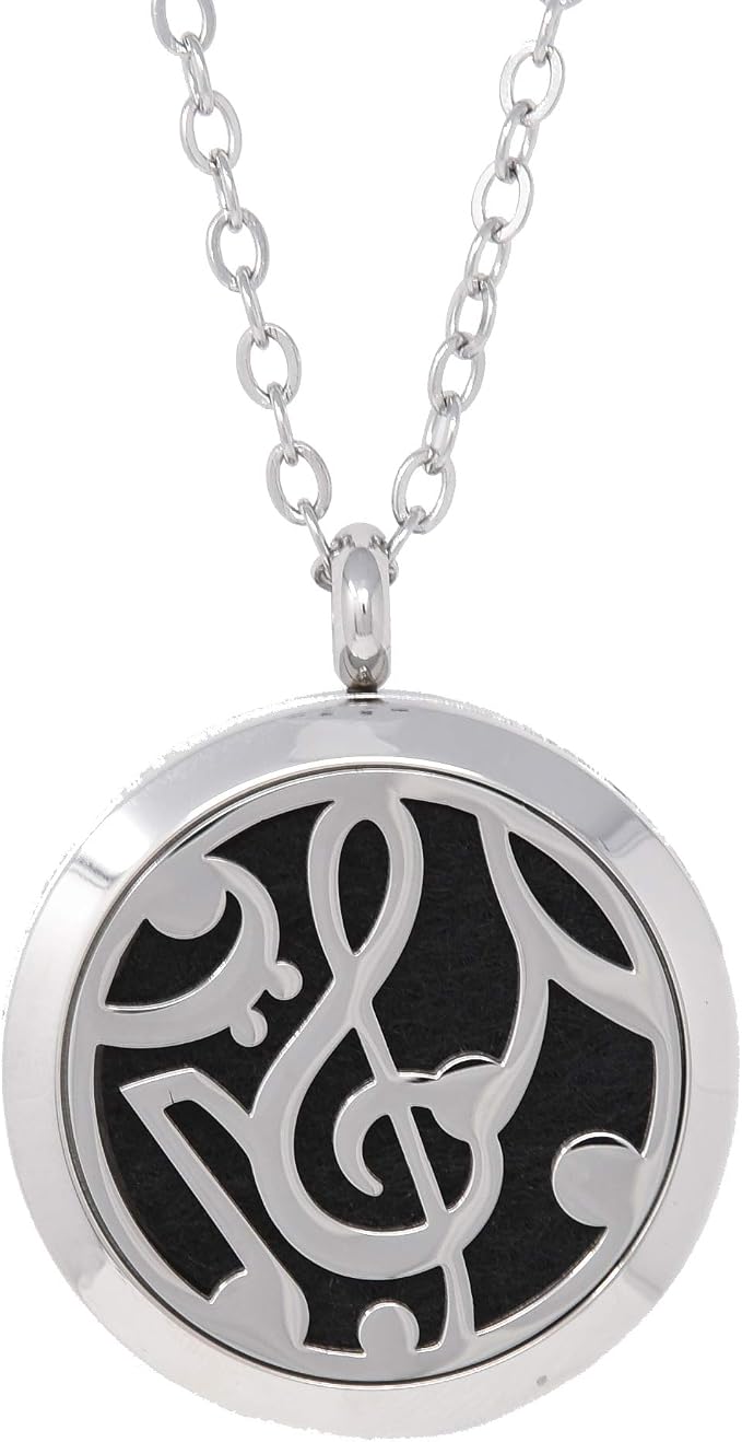 Aromatherapy Essential Oil Diffuser Stainless Steel 30MM Silver Magnetic Locket Pendant 2 Sizes Chain Necklace, Refill Pads & Diffuser Bracelet in a Velvet Bag (Music2)