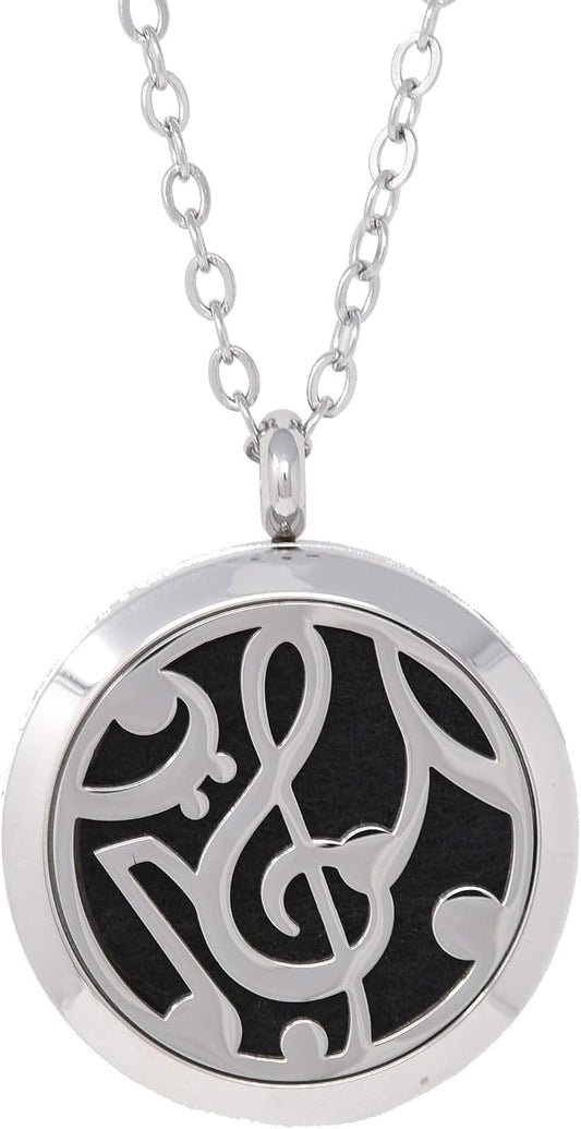 Aromatherapy Essential Oil Diffuser Stainless Steel 30MM Silver Magnetic Locket Pendant 2 Sizes Chain Necklace, Refill Pads & Diffuser Bracelet in a Velvet Bag (Music2)