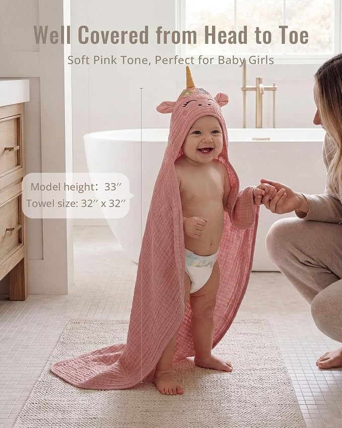 Blissful Diary Muslin Baby Hooded Towel 2 Pack, Soft & Absorbent Bath Towel for Infant, Toddler, Unisex, Baby Gift, Newborn Essentials, Sunny Duck & Dreamy Unicorn