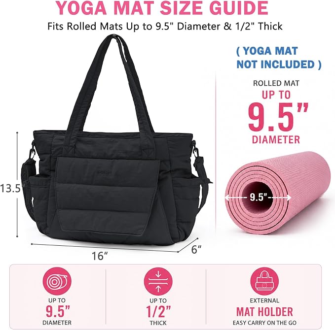 Yoga Tote Bag for Women with Yoga Mat Holder & Luggage Sleeve, Large Pilates Gym Bag with 16" Laptop Compartment, Lightweight Puffer Quilted Travel Tote with Water Bottle Pockets for Work