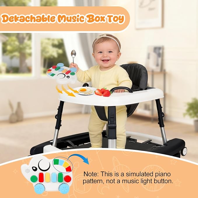 5-in-1 Baby Walker for Boys and Girls Music and Lights 6-18 Month, Foldable Baby Walkers with 5 Adjustable Heights, Infant Toddler Walker with Wheels and Combo Portable(Black)