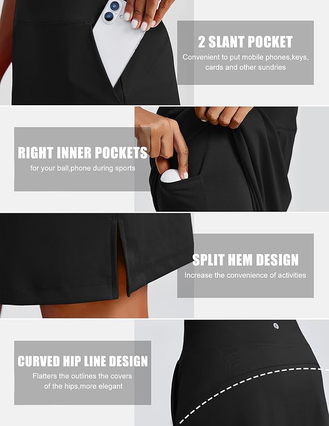 PINSPARK 20" Skorts for Woman Knee Length UPF 50+ Golf Skirts | 4 Pockets, Built-in Shorts, High Waisted, Split Hem, Silky-smooth, Moisture-wicking, for Golf Athletic Tennis Workout Casual