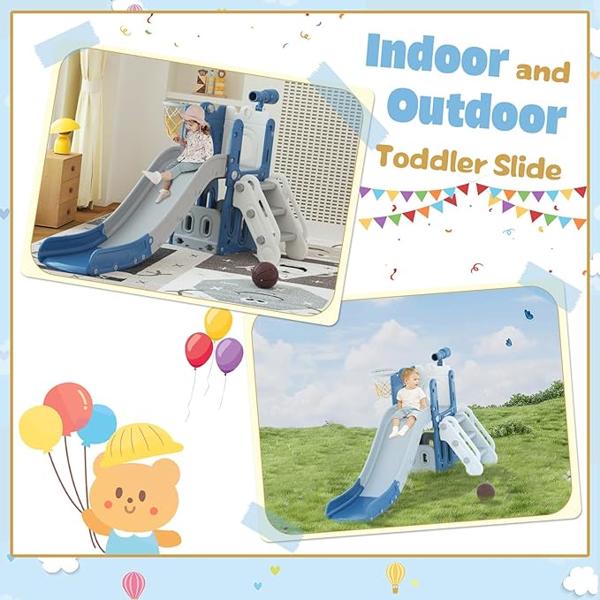 YUFU 6 in 1 Toddler Slide, Kids Climber Slide with Basketball Hoop and Ball, Indoor Outdoor Playset for Toddlers Age 1-3 (Blue Gray)