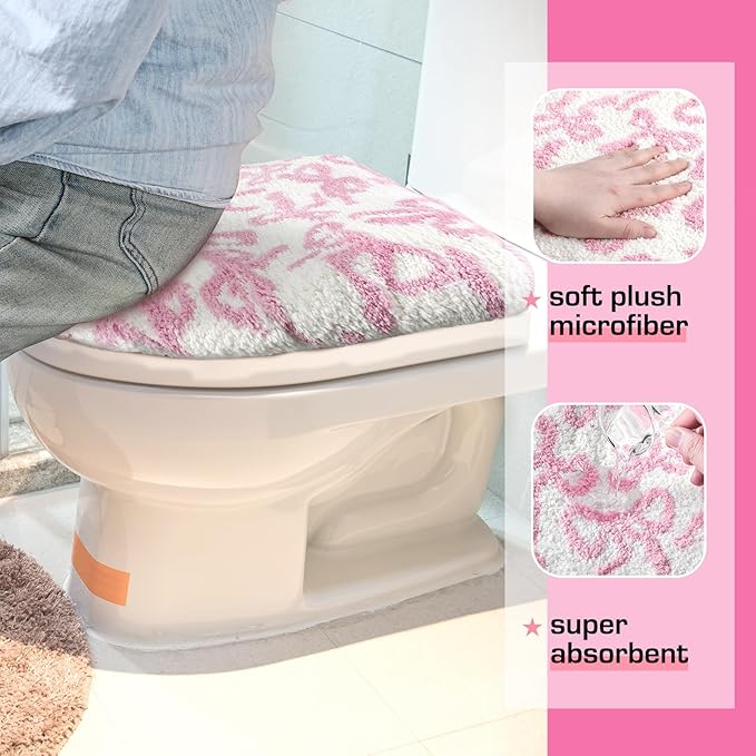 Rose Pink Bow Toilet Lid Cover Washable Coquette Cute Plush Toilet Cover for Bathroom Decor Soft Microfiber 17.5 x 15 Inch Non Slip Rubber Backing Fits Most Round, Elongated