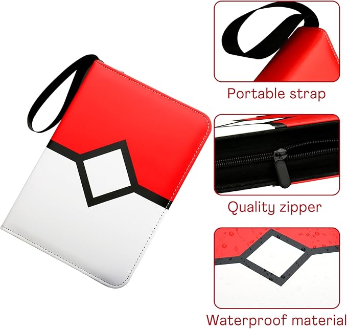 Card Binder with 4 Pockets with Zipper for 50 Pages, 400 Removable Pocket PU Waterproof Trading Collection Binder, 3 Rings Zipper Portable Card Album for MTG TCG Sports Cards Game Cards as Gift, Red