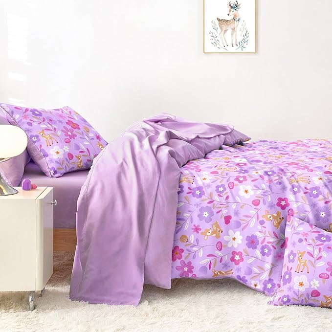 Wake In Cloud - Floral Bedding Set for Girls, Cute Colorful Botanical Flowers Deers Patterned Soft Lightweight Comforter Set with Sheets, 5 Pieces Kids Bed in a Bag, Lavender, Twin Size