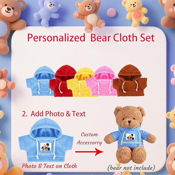 9 Pcs Custom Clothes for Teddy Bears with Name Photo, Personalized Stuffed Animal Clothing Fit 8-16 inch Stuffed Bears Sweater, Personalized Doll Clothes Make Your Own Plush Doll Shirt