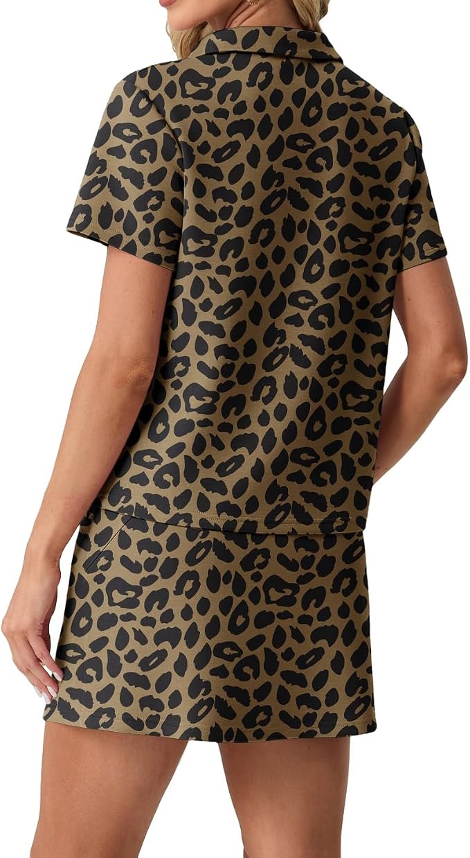 GRECERELLE Women's Summer 2 Piece Skort Set Half Zip Short Sleeve Top & Pocketed Tennis Skirt For Sports & Vacations.