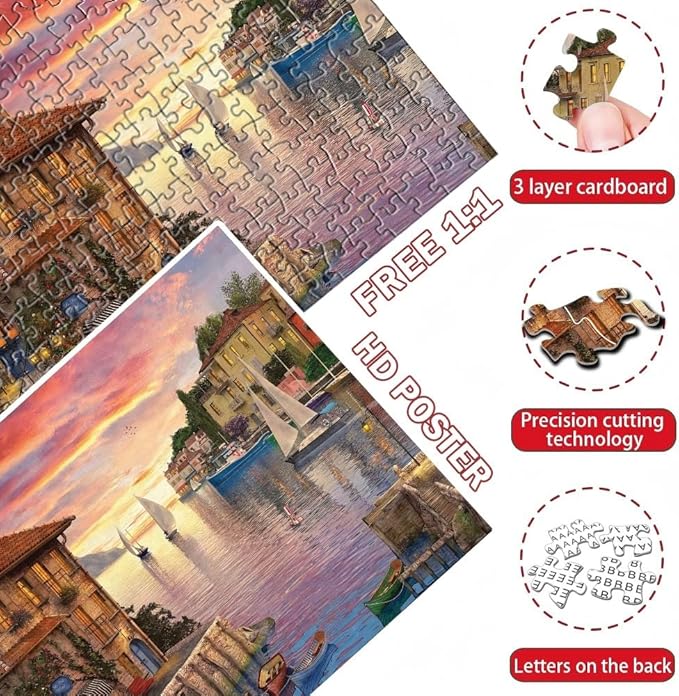 Puzzles for Adults 1000 Pieces Mediterranean Harbor Jigsaw Puzzles Environmentally Friendly No Odor Challenging Educational Fun Family Holiday Activities Games Toys Gifts, Finished Size 27" x 20"