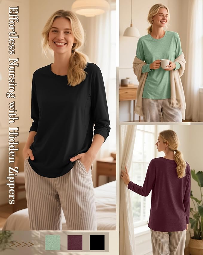 3 Pack Nursing Tops for Breastfeeding Maternity Shirts Zipper Long Sleeve Round Neck Knit Casual Nursing Clothes