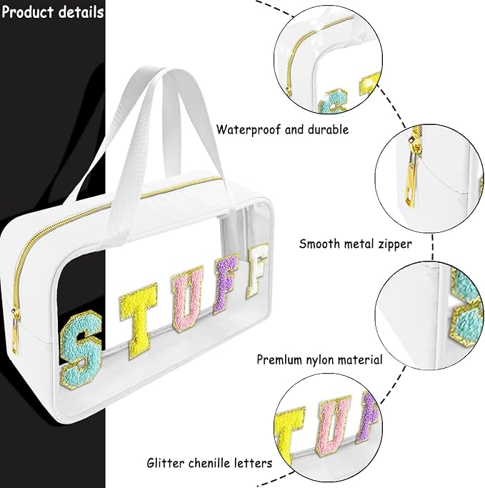 Chenille Letter Clear Makeup Bag Stuff Patch, Travel Toiletry Makeup Bag with Handle, Nylon Waterproof Makeup Bags clear cosmetic bag, preppy patch makeup bag for Women (STUFF-White)