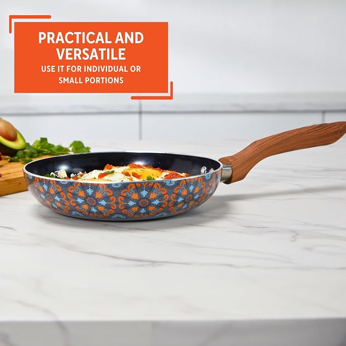 IMUSA 8 Inch Talavera Aluminum Black Ceramic Fry Pan with Woodlook Handle | Ceramic Nonstick, Glass Lid with Helper Handle, Deep Sauté Pan, Ideal for Family Cooking