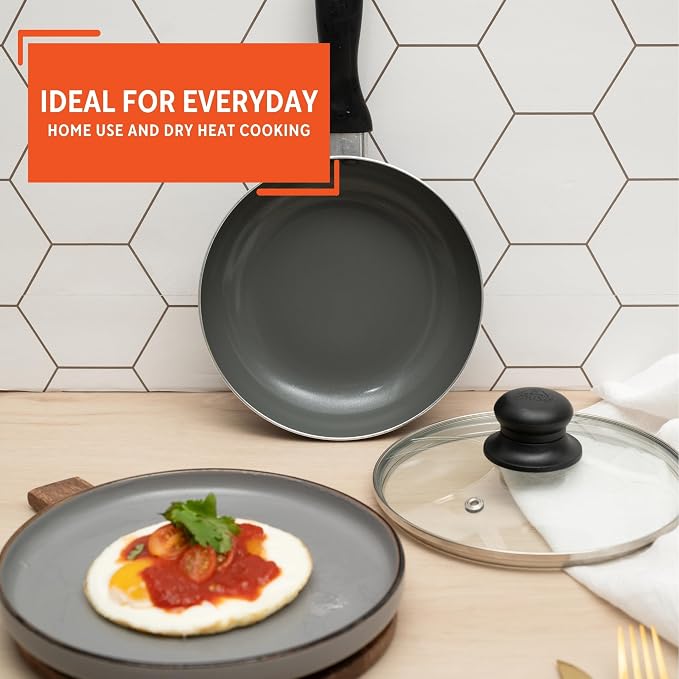 IMUSA 7 Inch Chef Cera Aluminum Ceramic Fry Pan with Glass Lid, Gray | Ceramic Nonstick Coating, Glass Lid with Cool-Touch Handle, Ideal for Pan-Frying, Great for Everyday Home Cooking