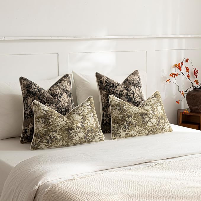 Pack of 2 Vintage Floral Throw Pillow Covers 18x18 Boho Farmhouse Accents Chenille Square Decorative Pillow Cases for Living Room Couch Bed Home Decor, Taupe
