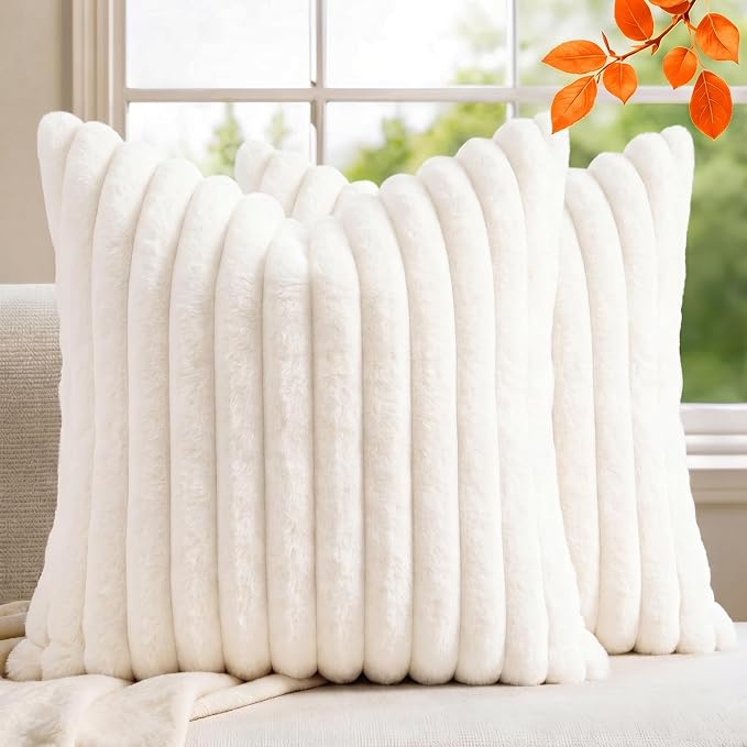 Pack of 2 Throw Pillow Covers 20x20 Decorative Solid Plush Faux Fur with Soft Velvet Back, Square Striped Cushion Cases Modern Farmhouse Home Decor for Living Room Couch Sofa Bed Cream White