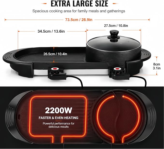 SEAAN Hot Pot with Grill, Korean BBQ Grill Indoor Hotpot Pot Electric Combo, Shabu Shabu Pot with Divider KBBQ Grill Smokeless Non-stick Separate Dual Temperature Control, for 2-12 People, 110V