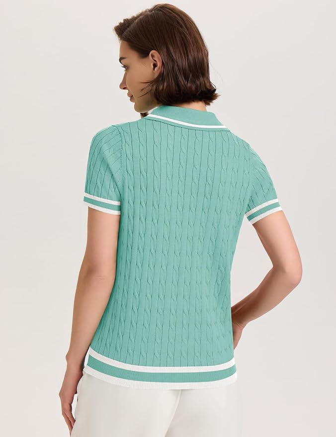 Micoson Womens Short Sleeve Sweater Tops Lapel V Neck Polo Shirts 2026 | Summer Cable Knit Loose Blouses, Business Casual Outfits