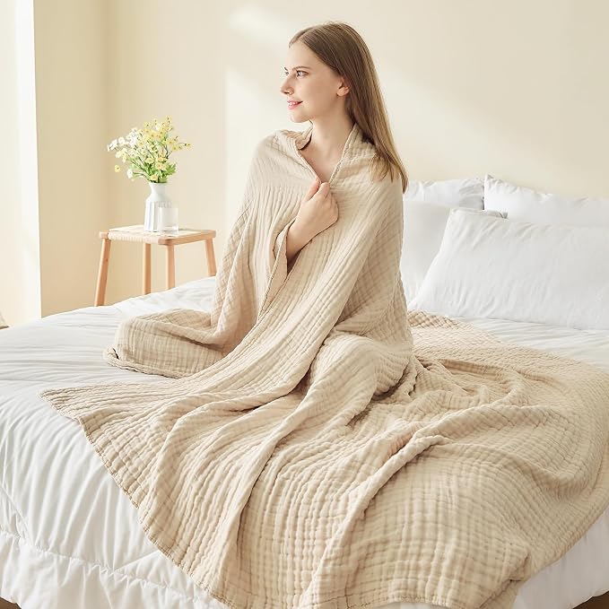 EMME Cotton Blanket King Size for Bed Soft Muslin Blankets 108"x90" Beige Lightweight Breathable Layering Bedspread Coverlet All Season Gauze
