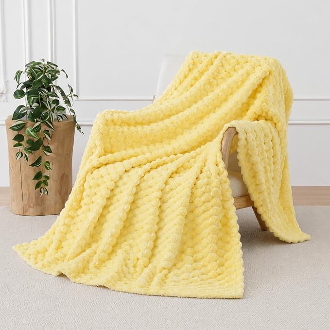 Bright Yellow Fleece Throw Blanket 60”×80” for Couch Sofa Bed Super Soft Cozy Plush Microfiber Flannel Blanket with 3D Jacquard Decorative Lightweight for Mom Woman
