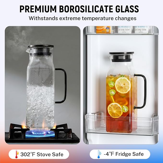 2 Quart (2 Liter 68 oz) Square Glass Pitcher with Lid and Spout, Water Pitchers with Handle for Fridge, Borosilicate Glass Carafe for Hot/Cold Drink, Large Jug for Iced Tea, Coffee, Beverage, Black