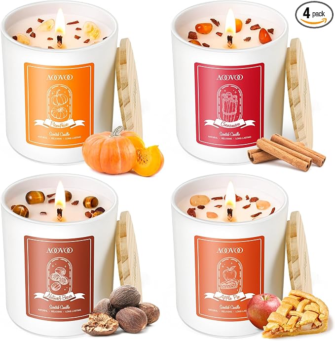 AOOVOO Fall Candles Set for Women - Aromatherapy Candle with Crystals Inside, 28 oz 200 Hour Long Lasting, 4 Pack Candles for Home Scented, Autumn Fragrance of Apple Pie/Cinnamon/Pumpkin/Nutmeg Beans