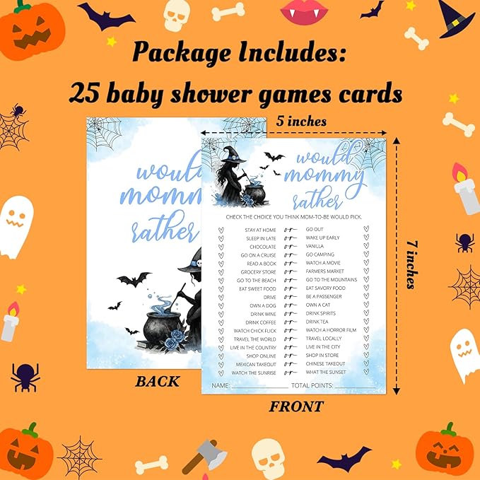 Hilarious Baby Shower Games, 25 Sets Halloween Would Mommy Rather, Blue Witch Gender Reveal Party Game Cards for Baby Announcement Supplies - B05
