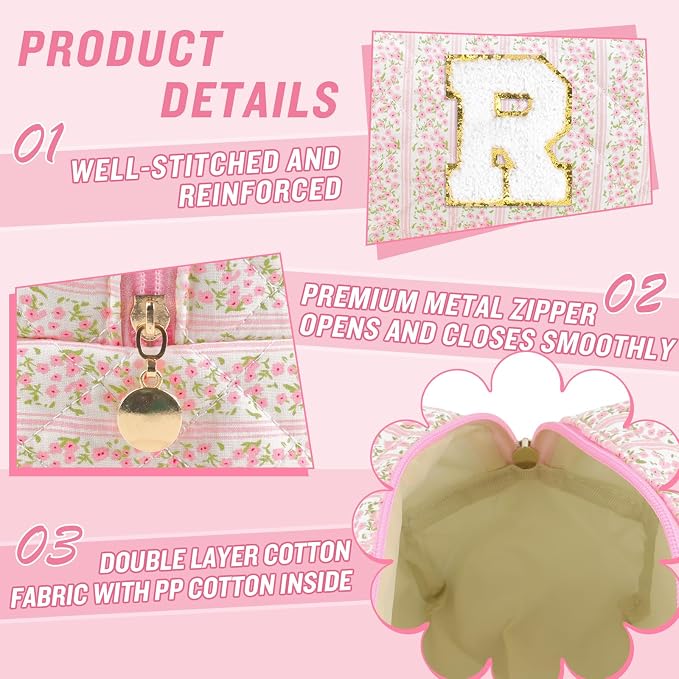 Personalized Quilted Cosmetic Bag, Puffy Monogrammed Christmas Birthday Gifts for Women & Girls, Cute initial Floral Makeup Bag Puffer Coquette Bag, Aesthetic Travel Toiletry Zipper Pouch(Pink,R)