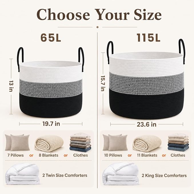 JMvicyroam 115L Extra Large Machine Washable Cotton Rope Blanket Basket | Collapsible laundry hamper, Reinforced handles, For blankets,pillows,toys and clothes, Living room and bedroom,White&BlackMix