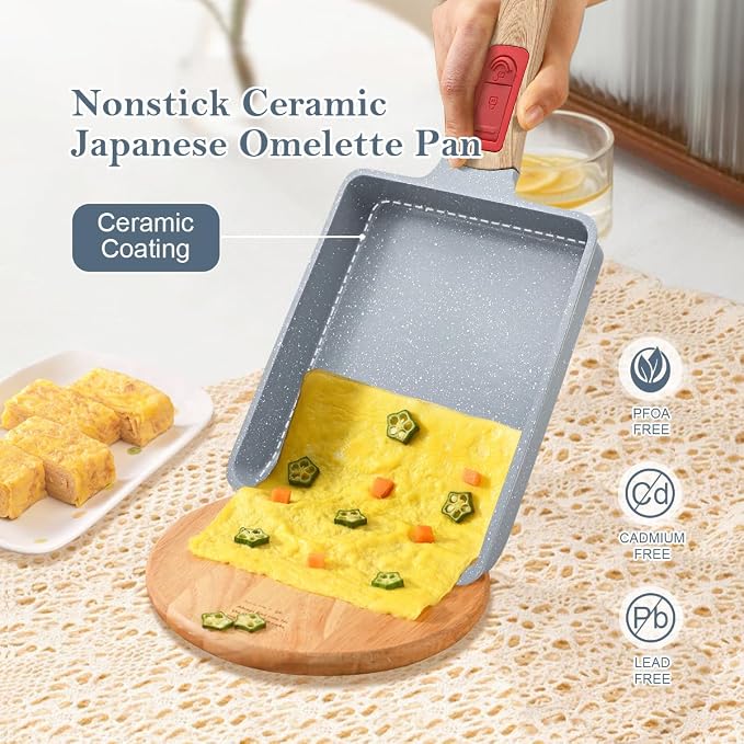AIKENBBKK Tamagoyaki Pan Ceramic, Japanese Omelette Pan Nonstick, Japanese Egg Pan, Square Egg Pan, Induction-Ready, Detachable Handle, with Silicone Spatula, PFAS & PFOA-Free, Oven Safe, Blue