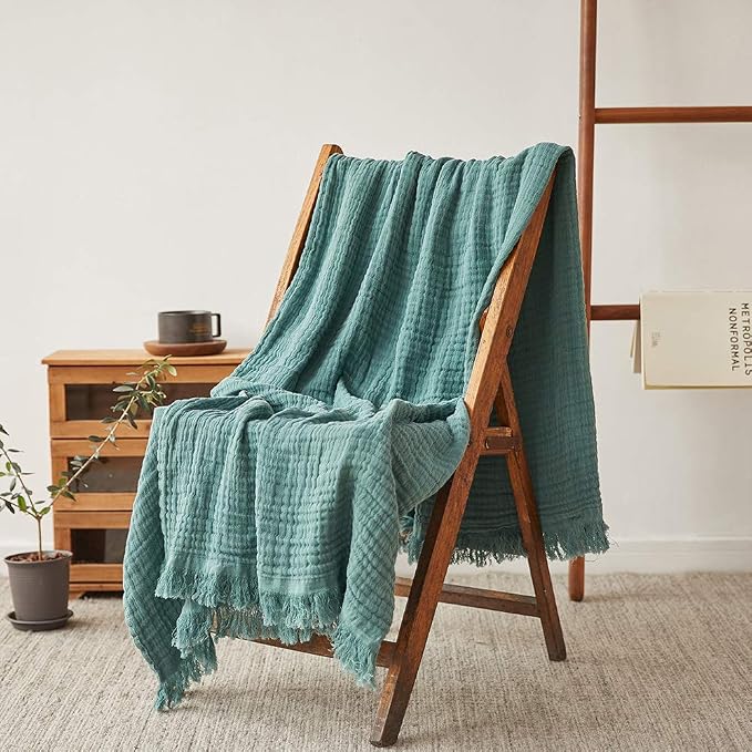 Simple&Opulence Cotton Muslin Throw Blanket for Bed, Couch, Knit Woven Gauze Blanket with Tassels, Soft Lightweight Cozy Pre-Washed Breathable Farmhouse Decoration for All-Season (Dark Green)