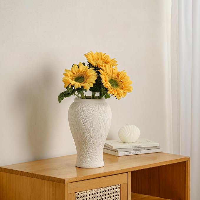 10in Tall Ceramic Flower Vase, Modern Decorative Textured Vases Home Decor | Unique Rustic Farmhouse Terracotta Vases for Bedroom Living Room Table Centerpieces Shelf Cabinet Wedding Decorations