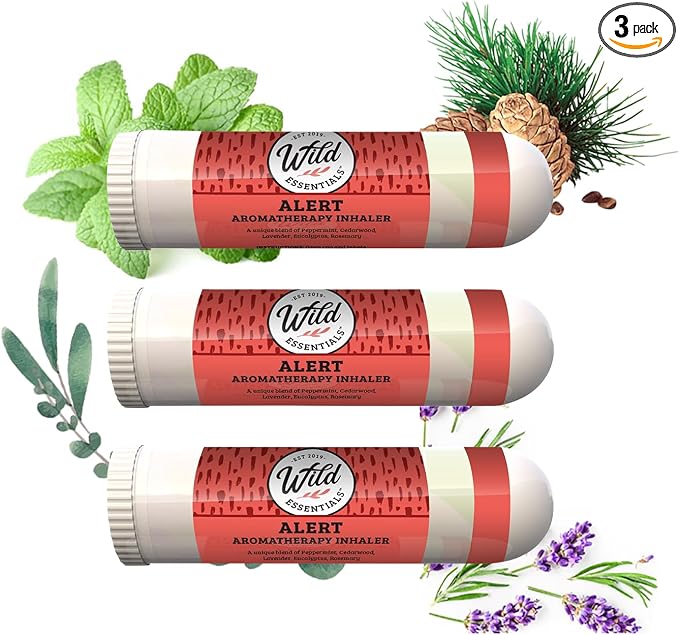 Wild Essentials 3 Pack of Alert Aromatherapy Nasal Inhalers Made with 100% Natural, Premium Grade Essential Oils to Help Keep You Awake and Energized,