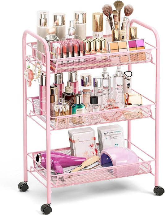 TOOLF 3 Tier Rolling Cart, Metal Utility Storage Cart with Wheels, Pink | 3 Hooks, Screwless Assembly, Trolley Organizer for Bathroom, Kitchen, Office, Nursery, Dorm, Laundry Room