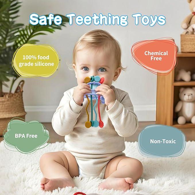Food Grade Silicone Pull String Baby Toy, Montessori Pull String Sensory Toy for 18 Months Babies Teething Toys (Purple)