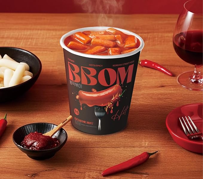 BBOM Cup Tteokbokki, Korean Rice Cake, Ready-to-Eat Microwave Meal, Chewy & Soft Texture, Easy K-Food Snack – Spicy/SpicyRose/Extreme Hot_2 ea (Extreme Hot)