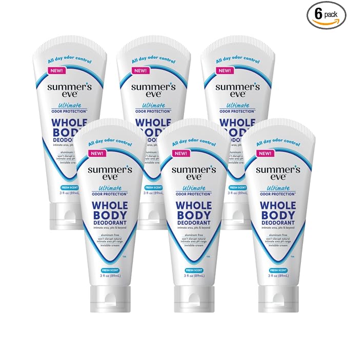 Summer’s Eve Ultimate Odor Protection Whole Body Deodorant Cream, Fresh Scent, Aluminum Free, All Day Odor Control, Invisible Cream, 3 Ounce (Pack of 6)