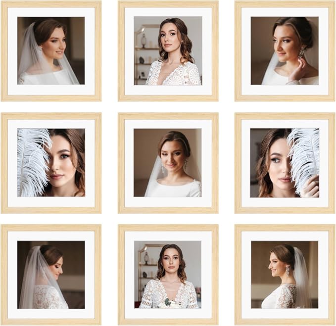 10x10 Picture Frame Set of 9, Display Pictures 8x8 with Mat or 10x10 without Mat, Multi Collage Gallery Square Photo Frames for Wall or Tabletop, Natural Wood