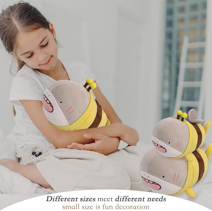 ARELUX 14in Yellow Bee Plush Pillow, Anime Bee Shark Plushie Doll, Soft Stuffed Toy, Kids Plush Pillow