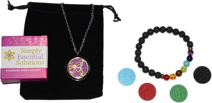 Aromatherapy Essential Oil Diffuser Stainless Steel 30MM Silver Magnetic Locket Pendant with Chain Necklace and Colored Refill Pads & Diffuser Bracelet All in a Velvet Bag (butterfly1)