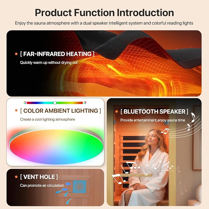 Far Infrared Sauna Home Sauna Room Indoor 1 Person Sauna Wood Saunas 900W 120V with Red Light Bluetooth Speakers 28.35"x32.28"x61.42"