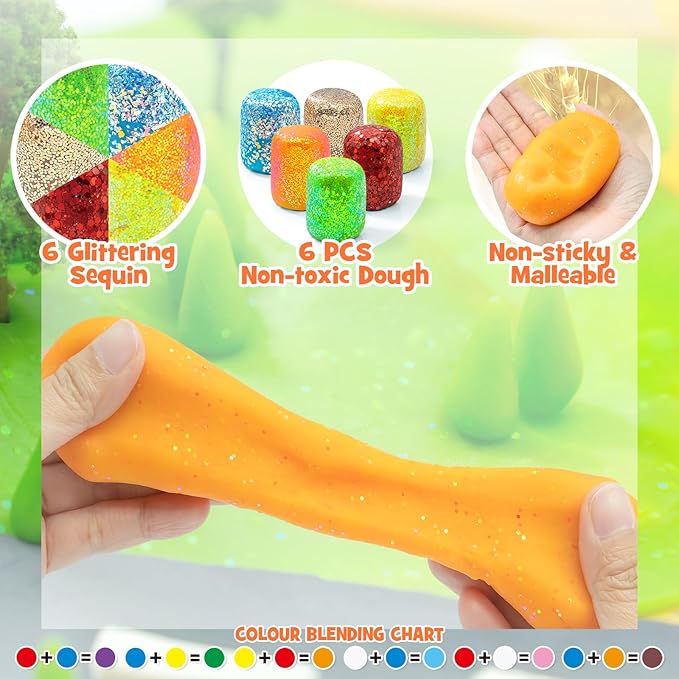 SIMPLIPLAY Construction Sensory Kit with 6 PCS 18oz Glitter Doughs & Accessories(About 80pcs), Color Dough Set, Construction Boy Sensory Kit with Toy Trucks for Kids Toddlers Creative Gift