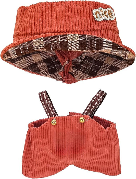 Doll Clothes for 17cm Dolls, Cute Outfit Set with Accessories, Bucket Hat and Overalls (No Doll) (Rust Overalls Set)