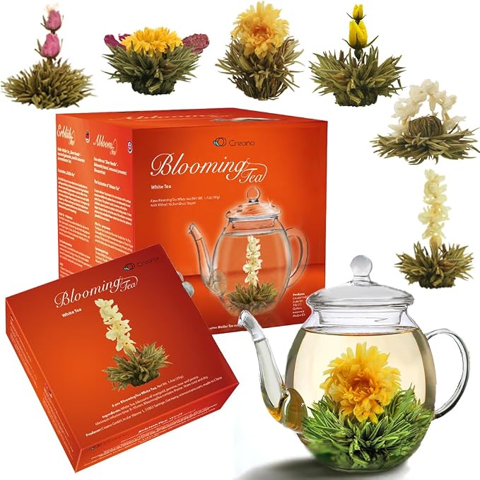Creano Flowering Tea Gift Set - White Tea – 6 Blooming Tea with 17oz Glass Teapot
