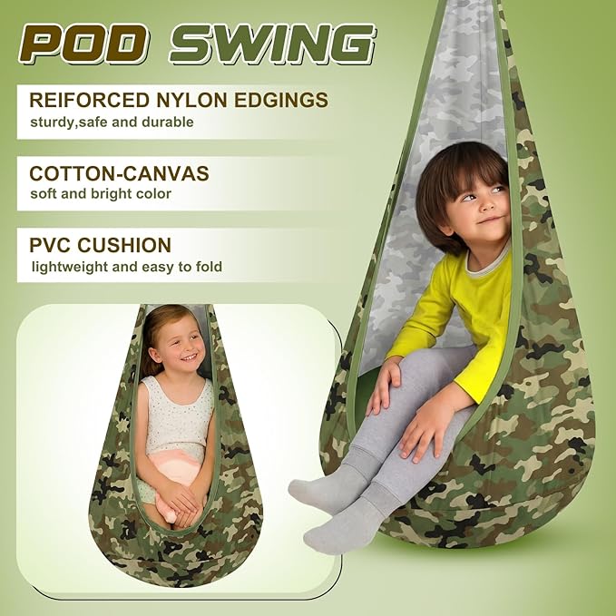 Sensory Swing Stand Frame with Pod Chair and Swings Set Kid Heavy Duty Metal Swing Stands Autism Hammock Chair Stand Tree Saucer Round for Kid Adult Indoor Outdoor Backyard Park(Camo Color)