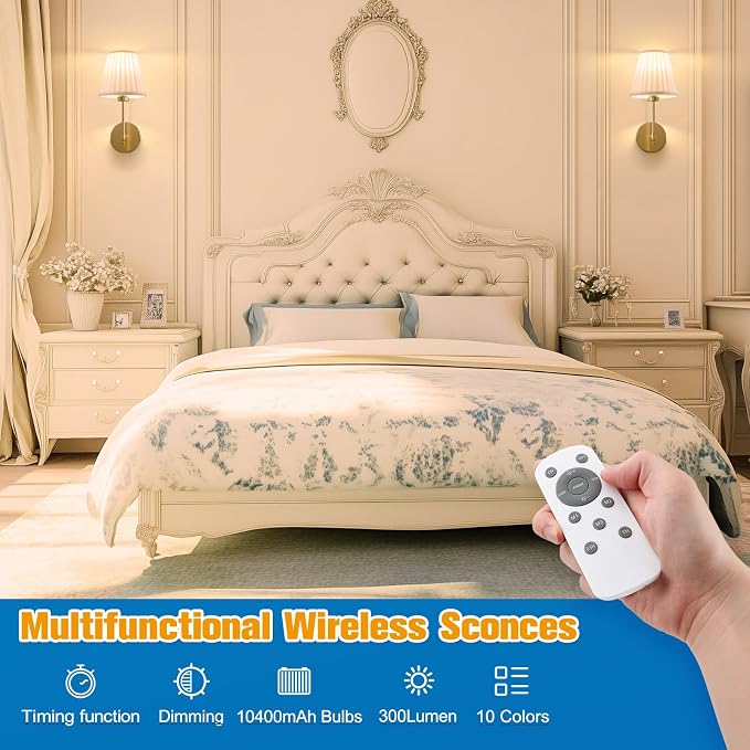 14.5 inch Battery Operated Wall Sconce Set of 2,Beige Gold Rechargeable Wall Lights with 10400mAh Dimmable Bulbs and Remote,10 Colors Wireless Wall Lamps for Bedroom Living Room