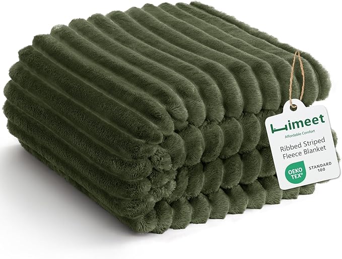HIMEET Olive Green Throw XL Blanket, 300GSM Ribbed Fleece, 50 x 70 Inches | Ultra Soft Flannel, All-Season Lightweight Warmth, Extra Coverage for Couch Lounging, Home Room Decor, Machine Washable