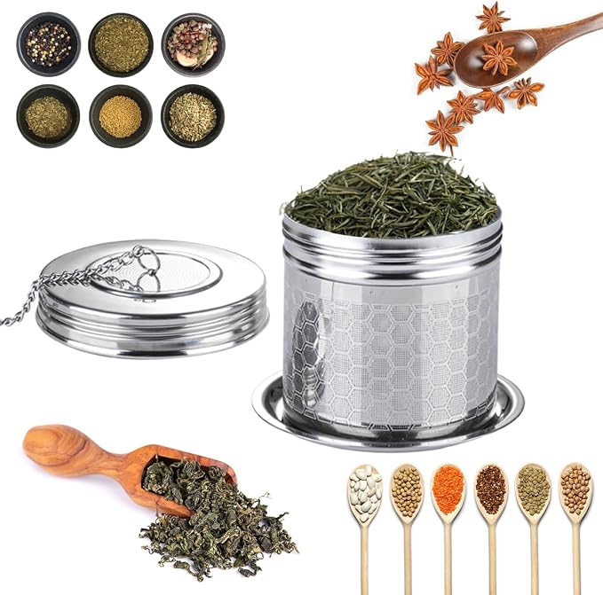 Tea Infuser Tea Strainer for Loose Tea, Stainless Steel Tea Ball with Chain Hook and Drip Tray, Extra Fine Mesh Tea Filter for Brew Tea, Spices & Seasonings (1Pack，2.95in）
