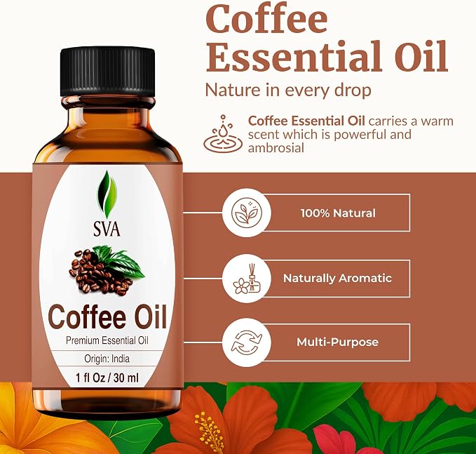 SVA Coffee Essential Oil 1 Fl Oz – for Diffuser, Skin & Hair Care – Ideal for Massage & DIY Blends – with Dropper